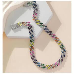 Rainbow cuban necklace - silver - CZs - 20".